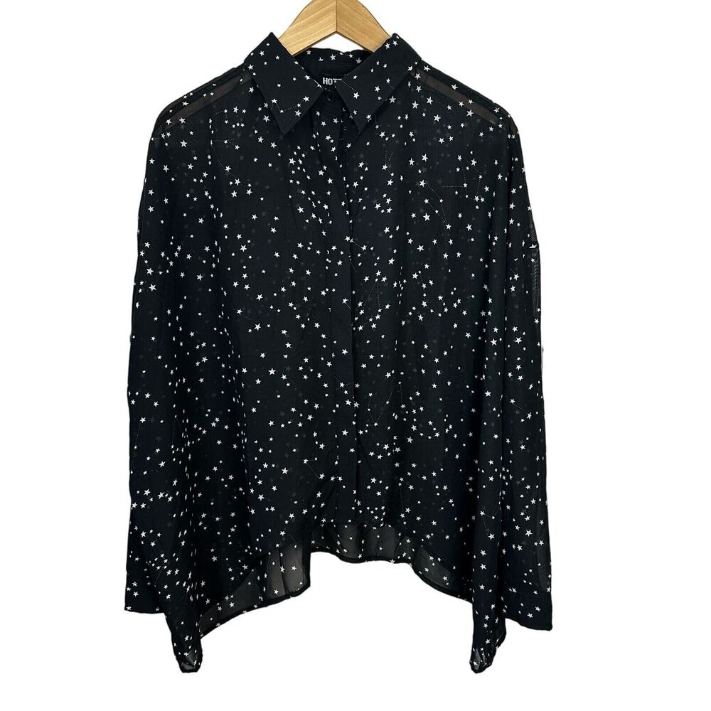 Hot Topic Button Shirt Womens Medium Stars Goth Astrology Witch Black Semi Sheer